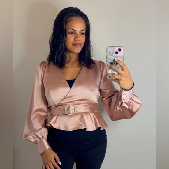 Forever 21 Tops Nwt Forever 2 Pink Satin Peplum Belted Long Sleeve forever-21-tops-nwt-forever-2-pink-satin-peplum-belted-long-sleeve